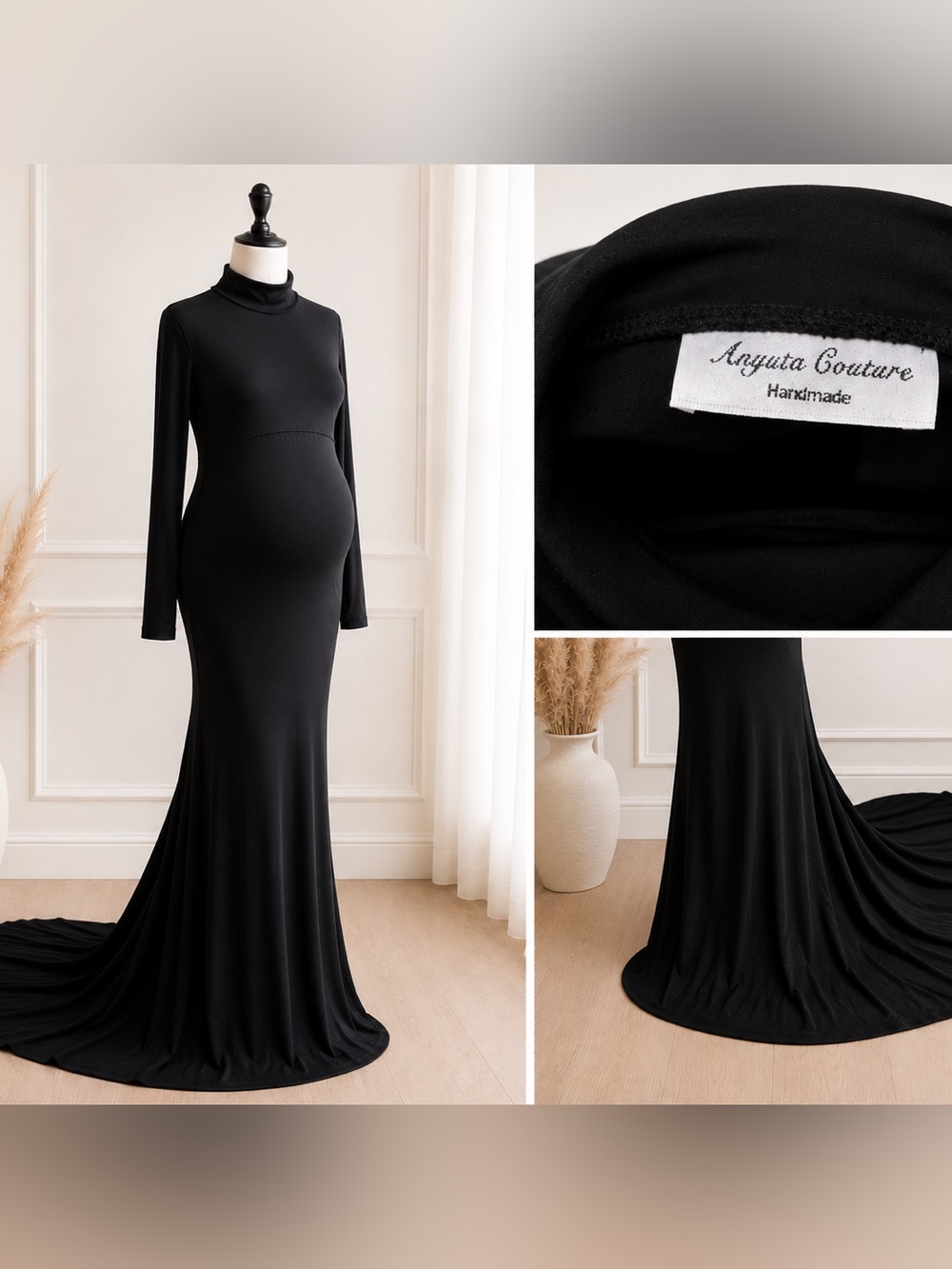 Anyuta Couture Handmade Black Maternity Turtleneck Gown | Never Worn | Size M